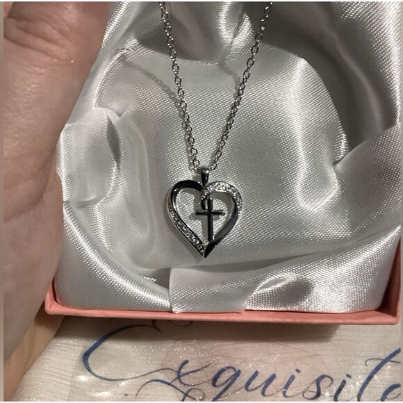 Sentimental Silver Cz Diamond Pave Sparkling Heart Cross Necklace - Picture 10 of 16